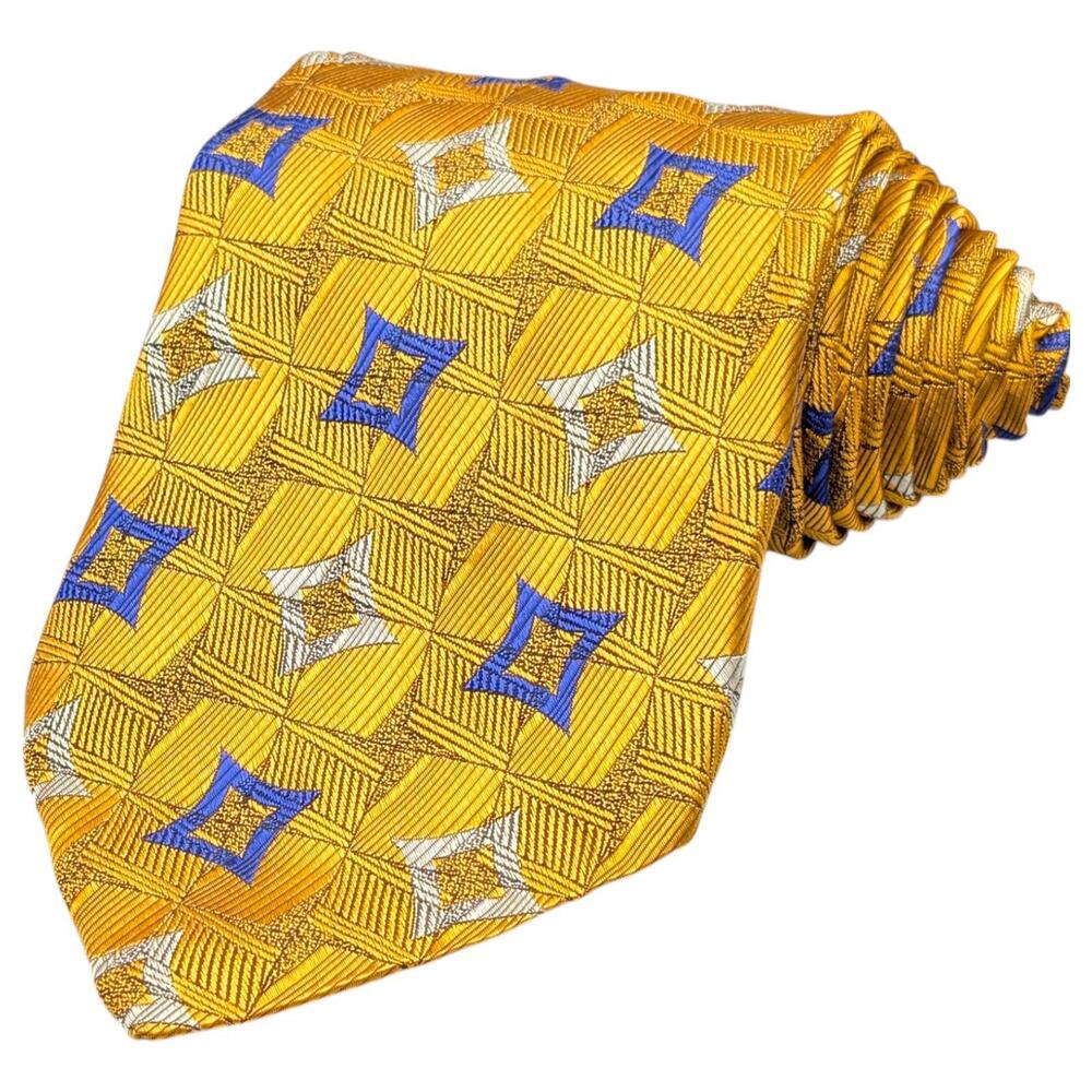 Vintage Robert‎ Talbott Tie Mens 57" Wide Silk Gold Blue Geometric Stars Necktie